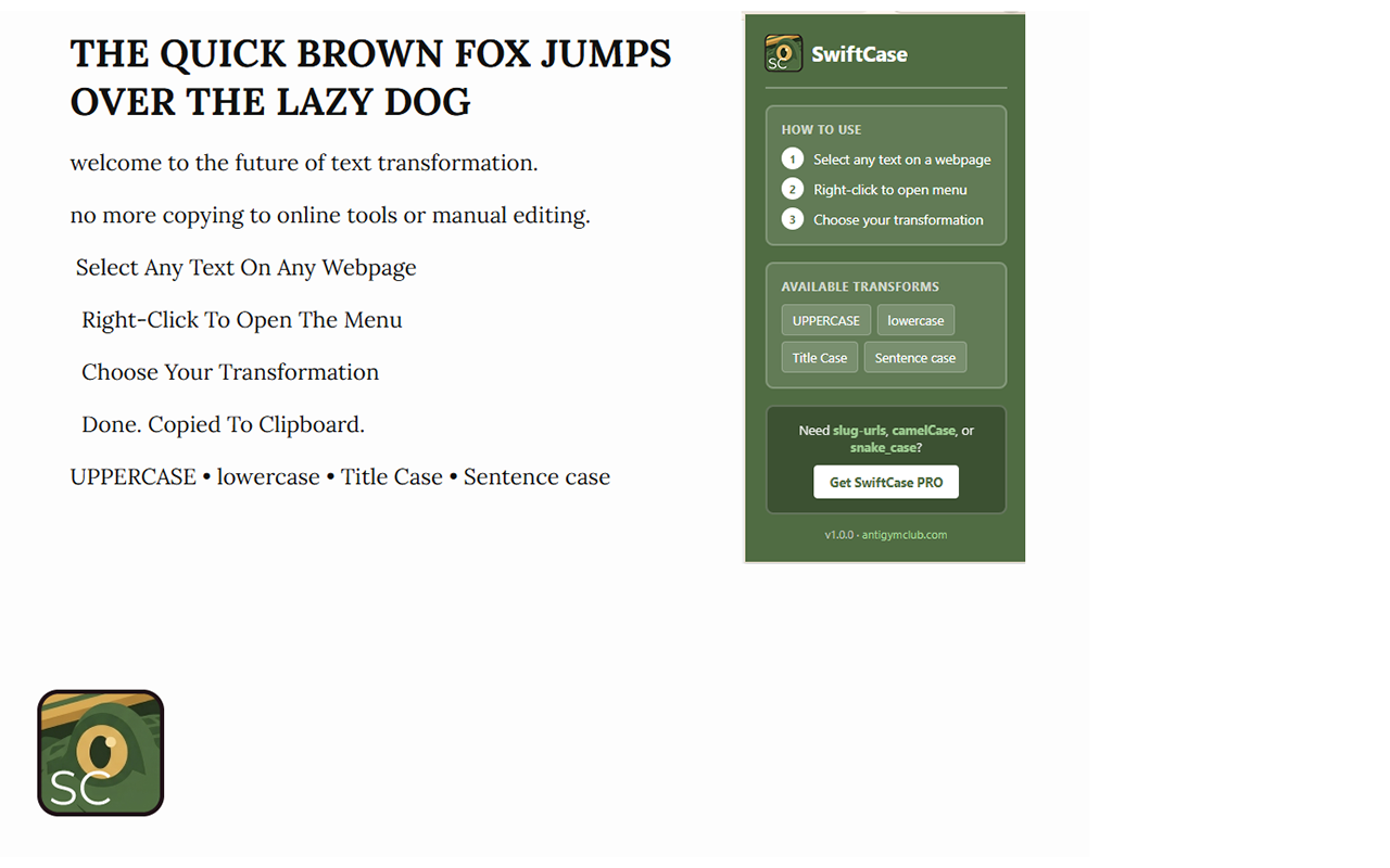 SwiftCase popup interface